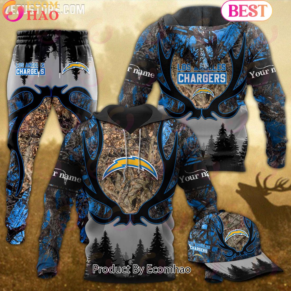 Los Angeles Chargers NFL Hunting Camo 3D Combo Hoodie, Longpants, Cap