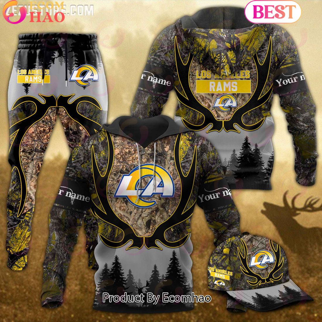 Los Angeles Rams NFL Hunting Camo 3D Combo Hoodie, Longpants, Cap