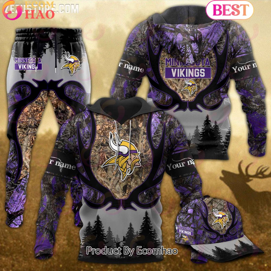 Minnesota Vikings NFL Hunting Camo 3D Combo Hoodie, Longpants, Cap