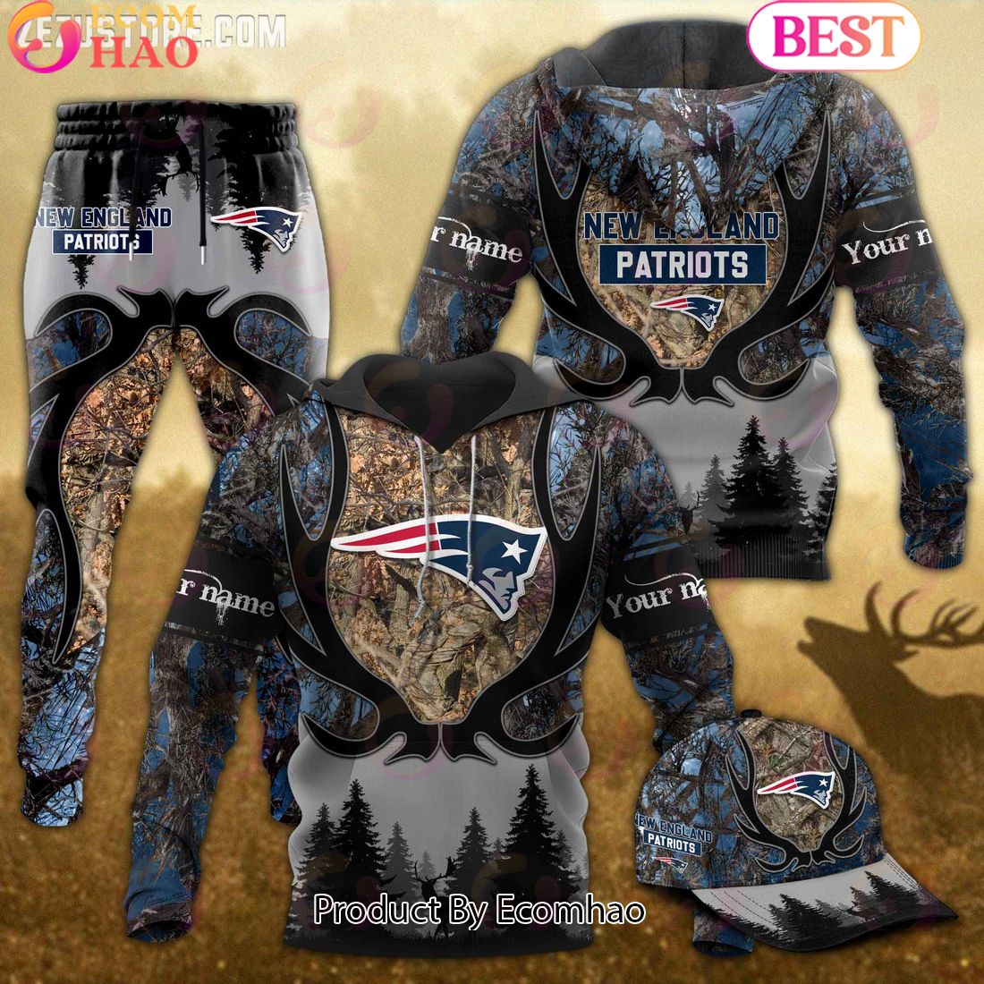 New England Patriots NFL Hunting Camo 3D Combo Hoodie, Longpants, Cap