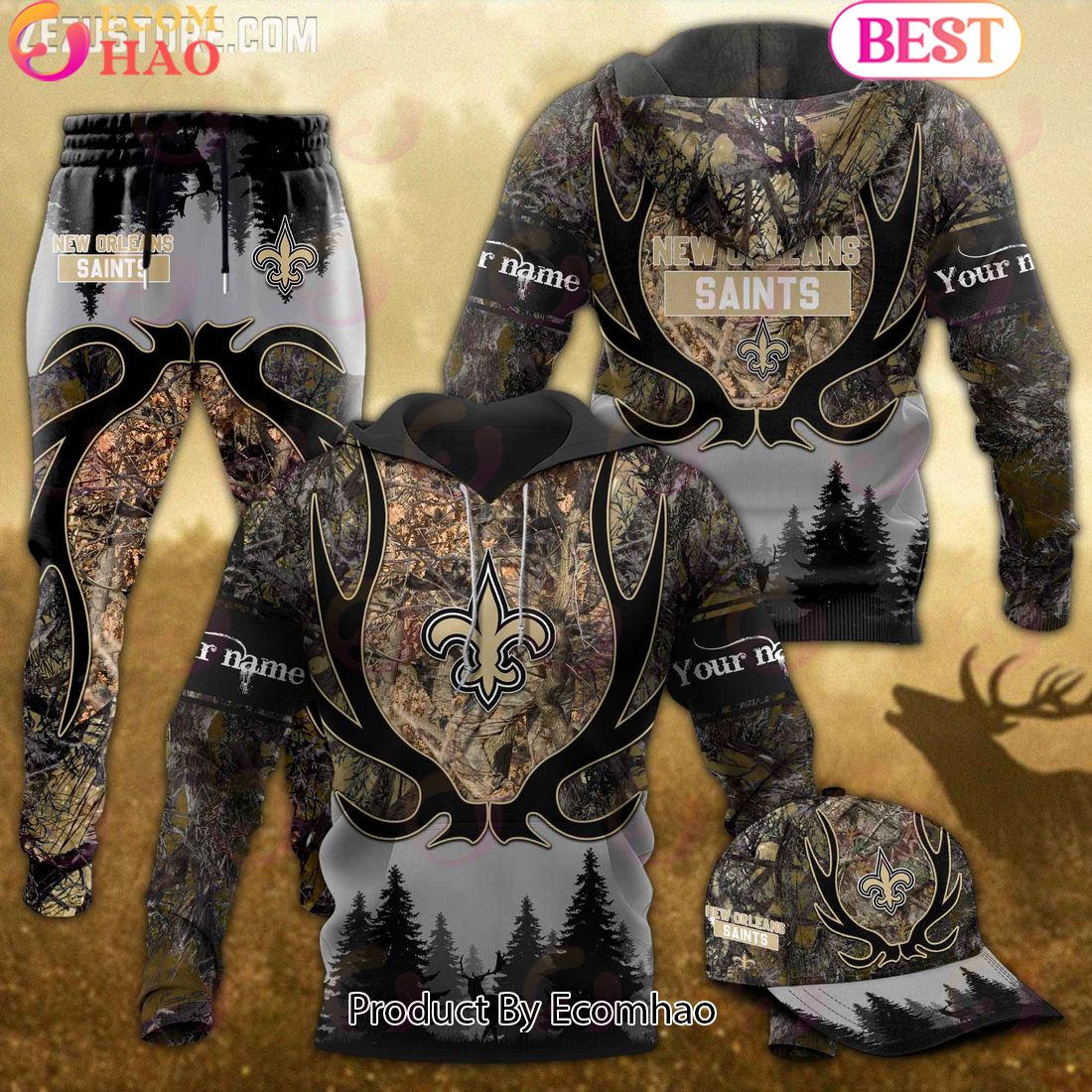 New Orleans Saints NFL Hunting Camo 3D Combo Hoodie, Longpants, Cap