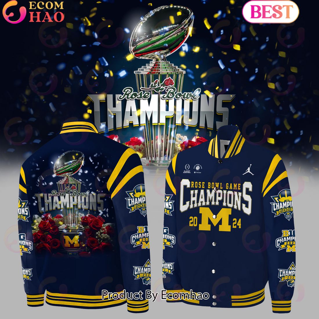 Michigan Football Champions Rose Bowl 2024 Baseball Jacket – Navy