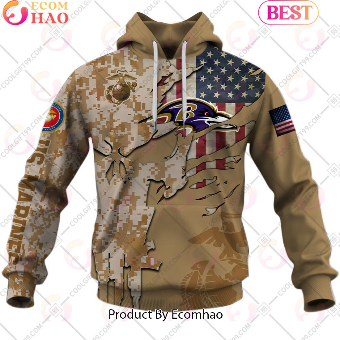 NFL Baltimore Ravens Special Marine Camo Design 3D Hoodie