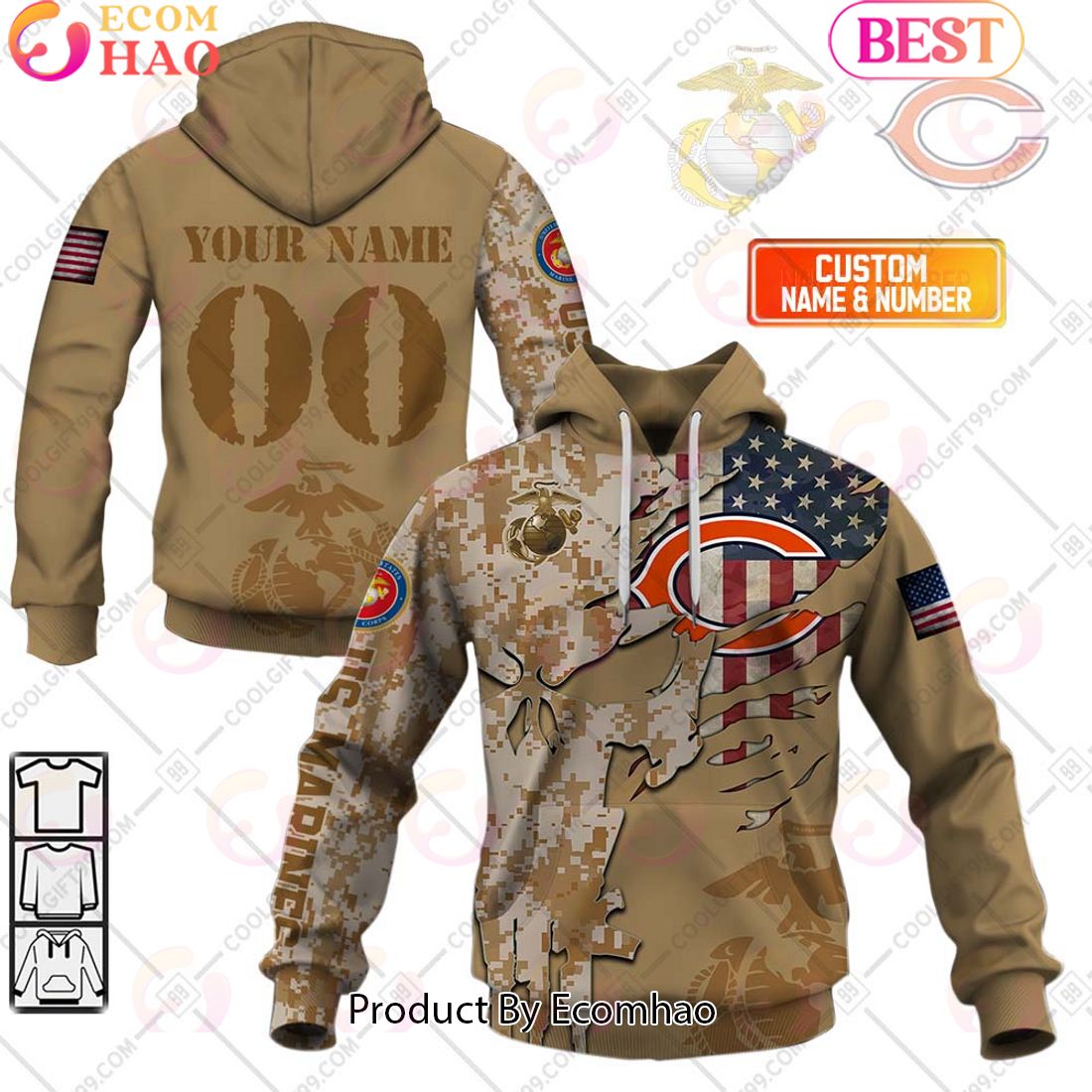 NFL Chicago Bears Special Marine Camo Design 3D Hoodie