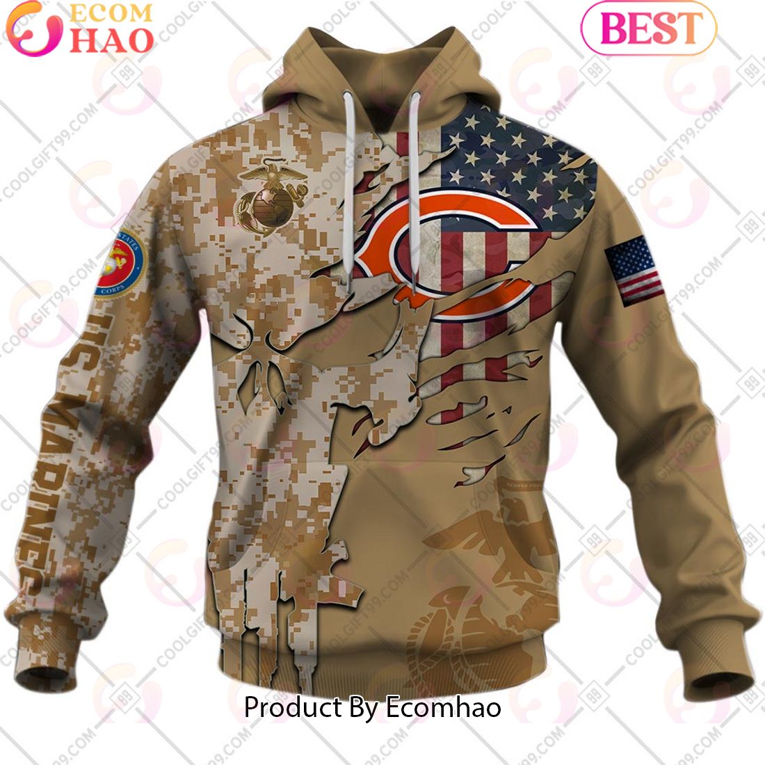 NFL Chicago Bears Special Marine Camo Design 3D Hoodie