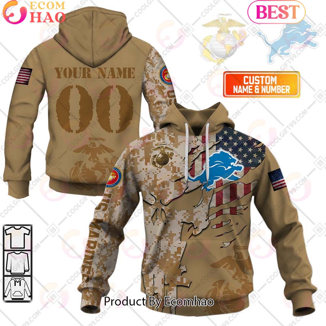 NFL Detroit Lions Special Marine Camo Design 3D Hoodie