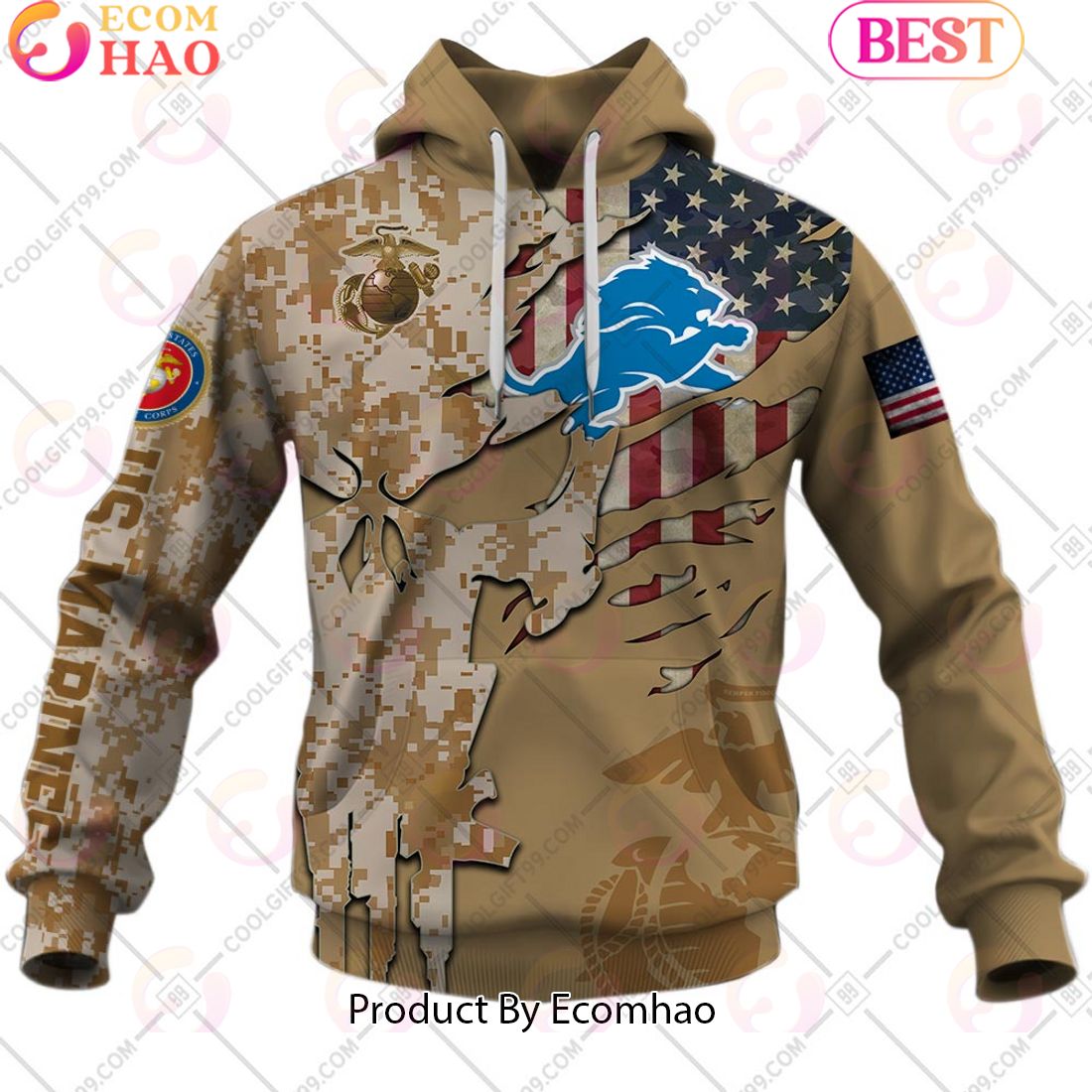 NFL Detroit Lions Special Marine Camo Design 3D Hoodie