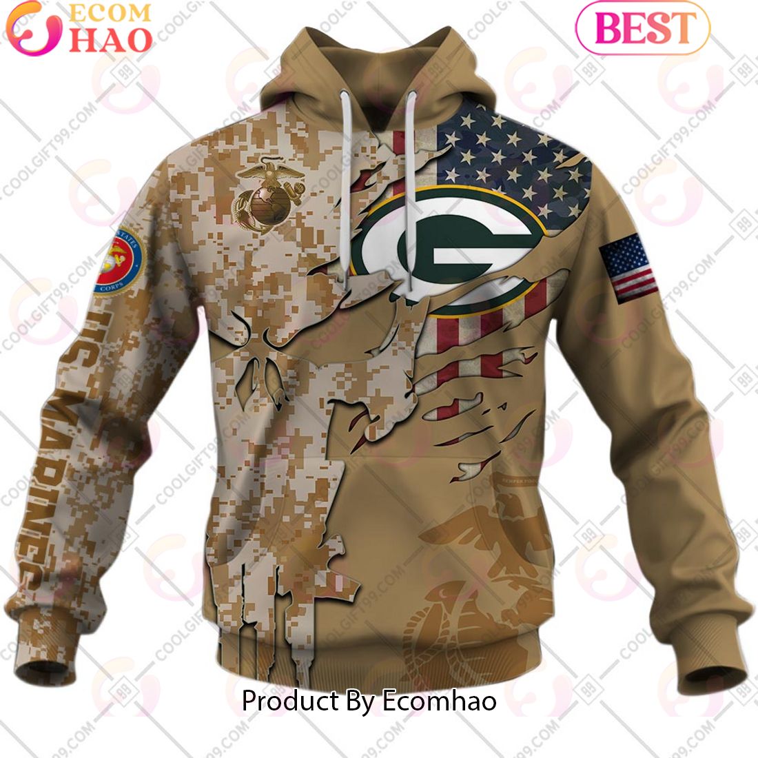 NFL Green Bay Packers Special Marine Camo Design 3D Hoodie