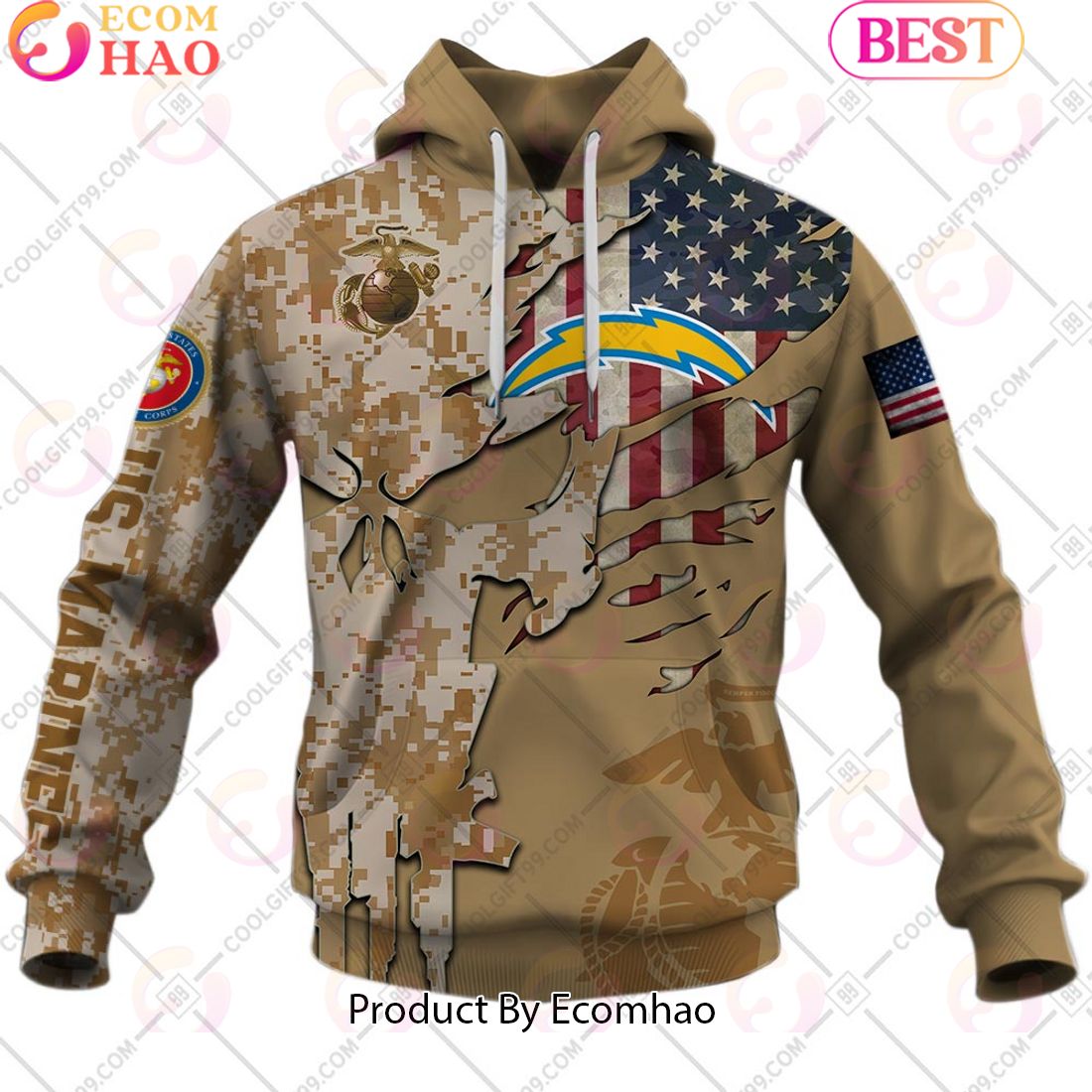 NFL Los Angeles Chargers Special Marine Camo Design 3D Hoodie