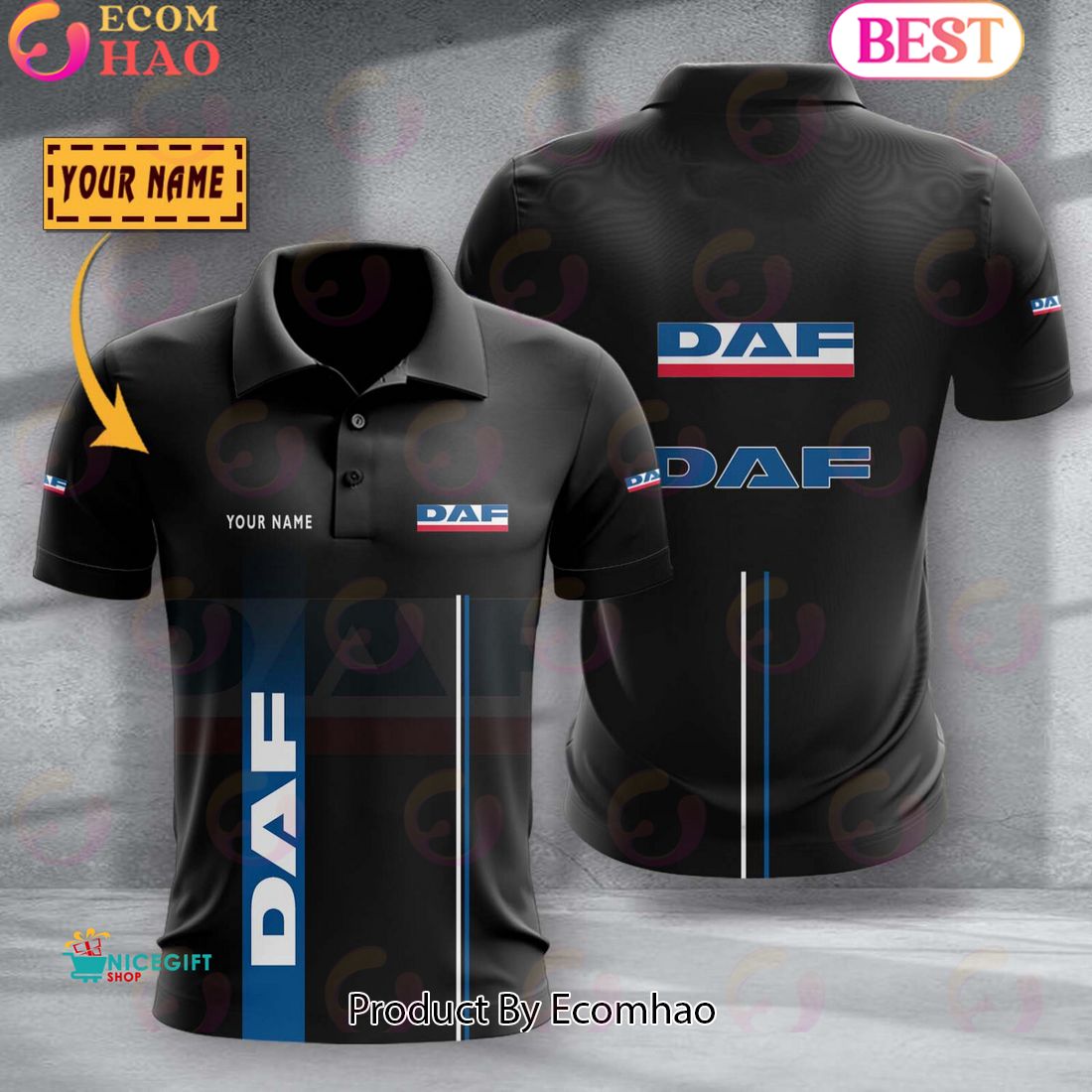 Custom Name DAF Trucks Full Black Design Polo Shirt