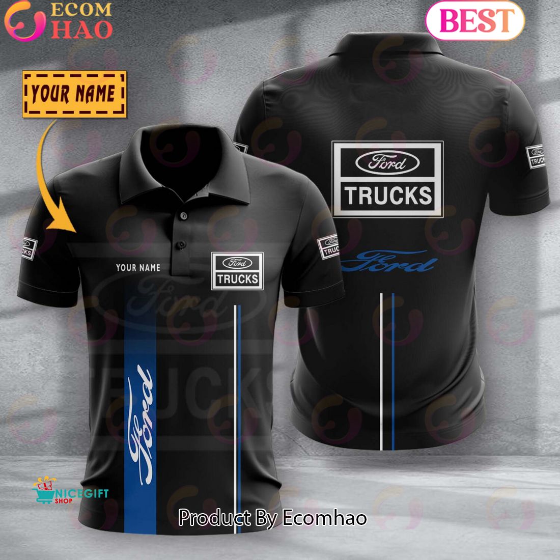 Custom Name TRUCK Dodge Challenger Full Black Design Polo Shirt