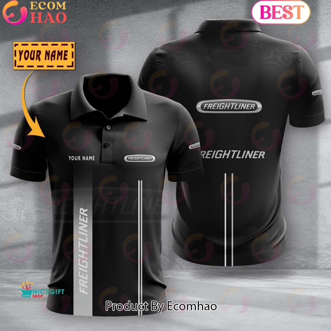 Custom Name TRUCK Freightliner Full Black Design Polo Shirt