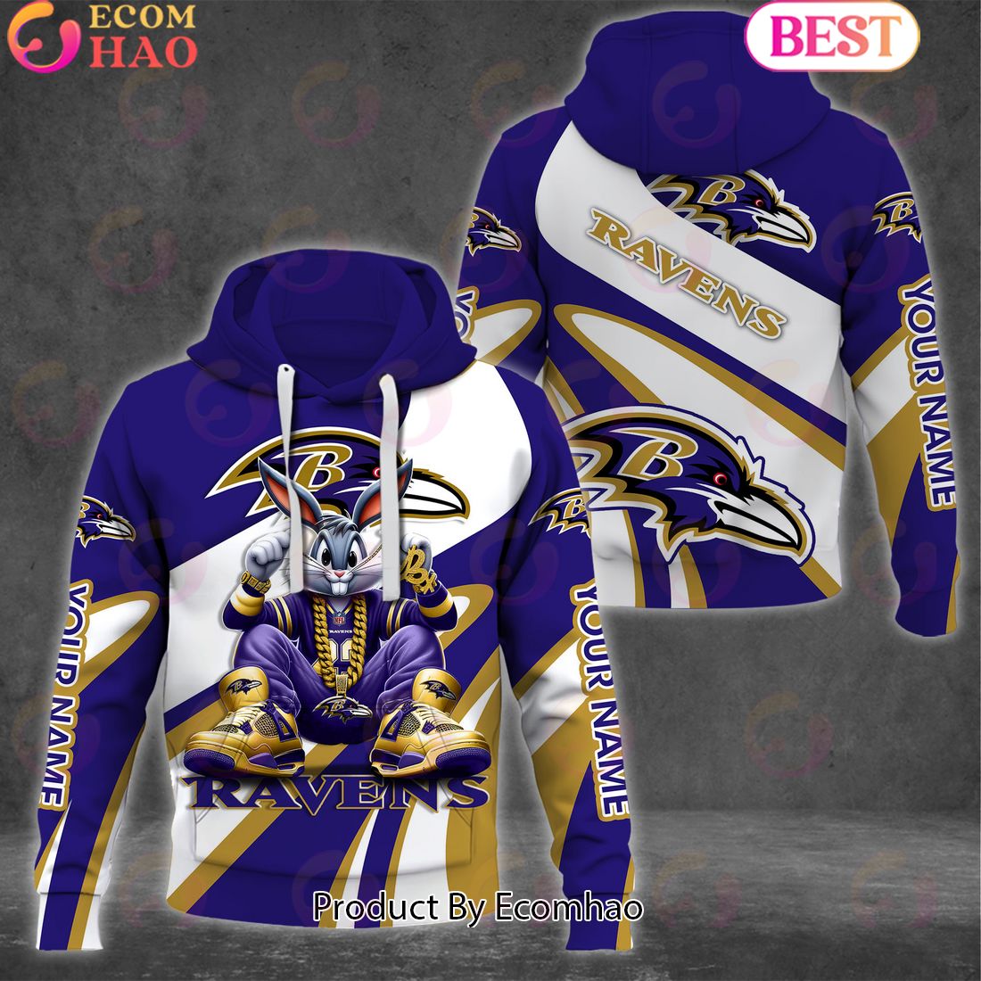 Custom Name NFL Baltimore Ravens Bugs Bunny Sport Clothing 3D Hoodie