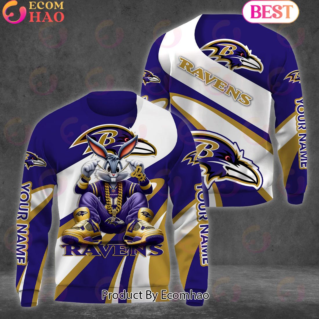 Custom Name NFL Baltimore Ravens Bugs Bunny Sport Clothing 3D Hoodie