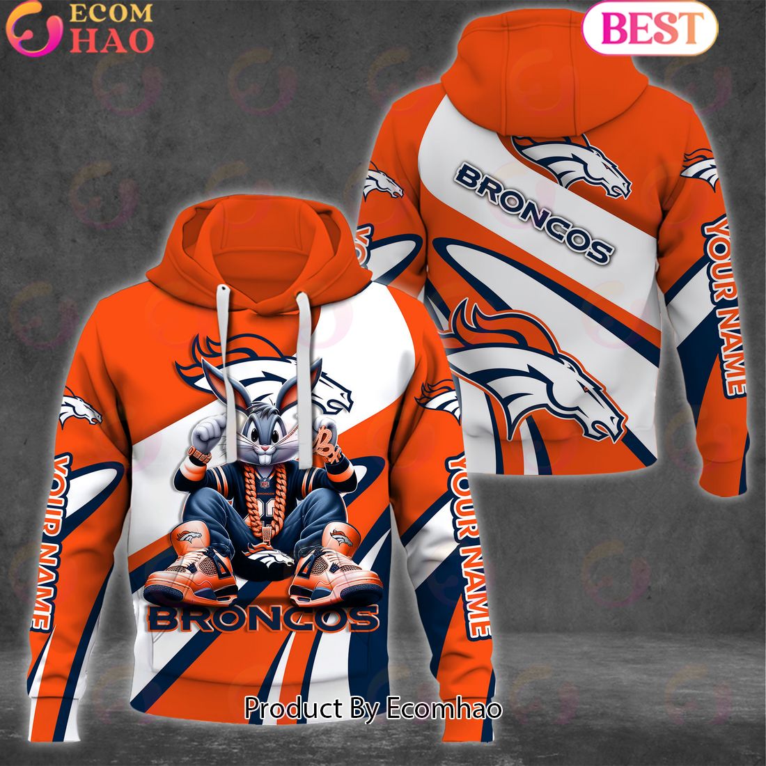 Custom Name NFL Denver Broncos Bugs Bunny Sport Clothing 3D Hoodie