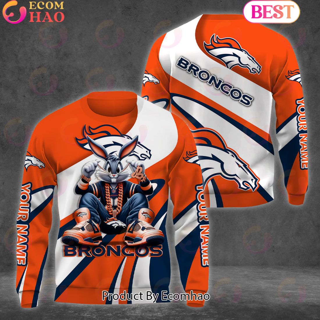 Custom Name NFL Denver Broncos Bugs Bunny Sport Clothing 3D Hoodie