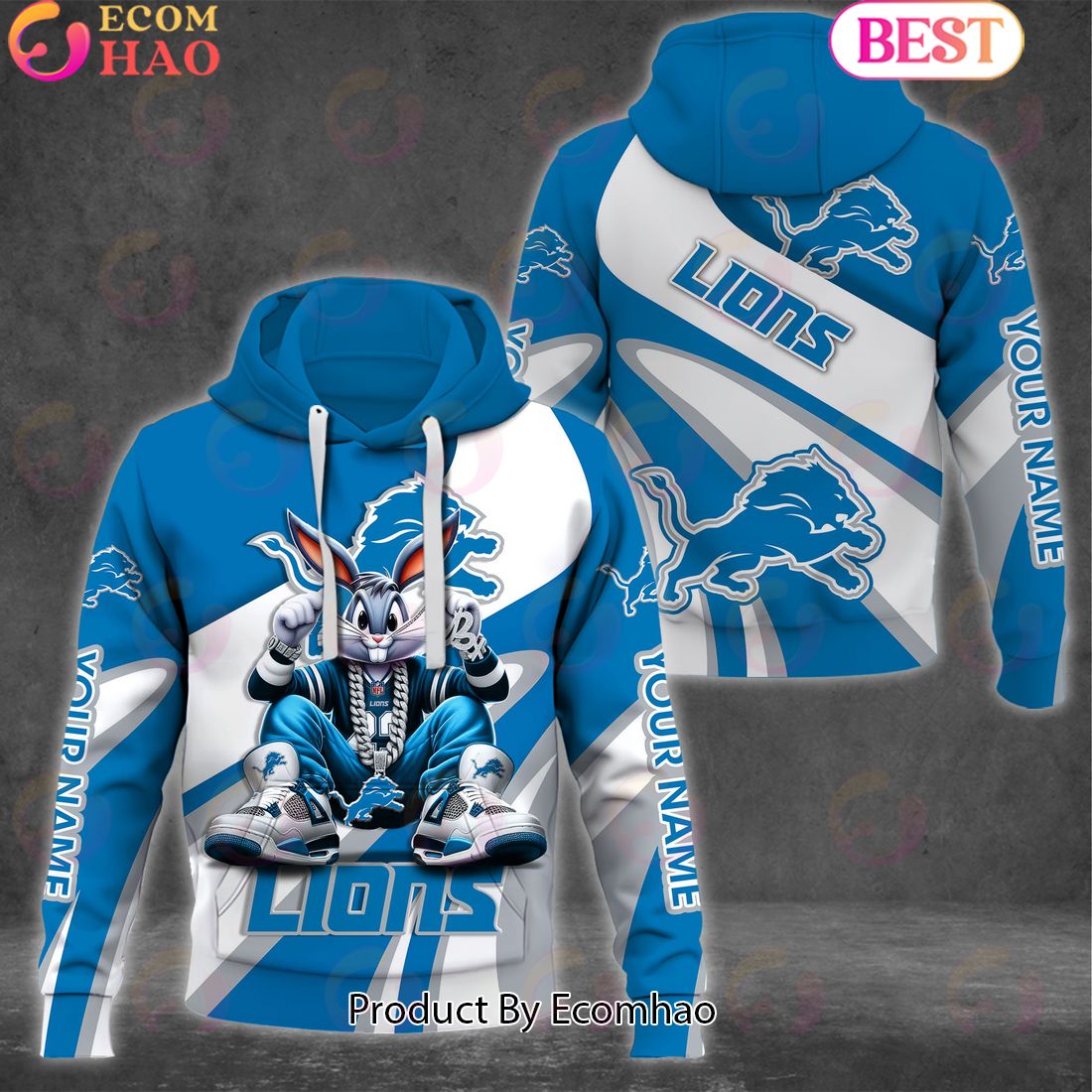 Custom Name NFL Detroit Lions Bugs Bunny Sport Clothing 3D Hoodie