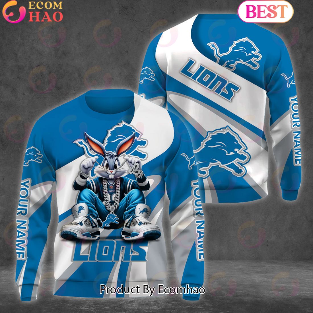 Custom Name NFL Detroit Lions Bugs Bunny Sport Clothing 3D Hoodie