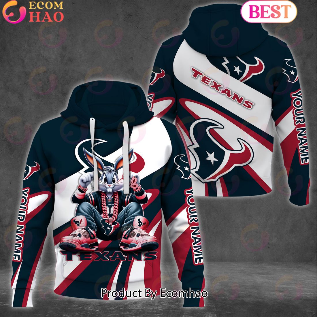 Custom Name NFL Houston Texans Bugs Bunny Sport Clothing 3D Hoodie