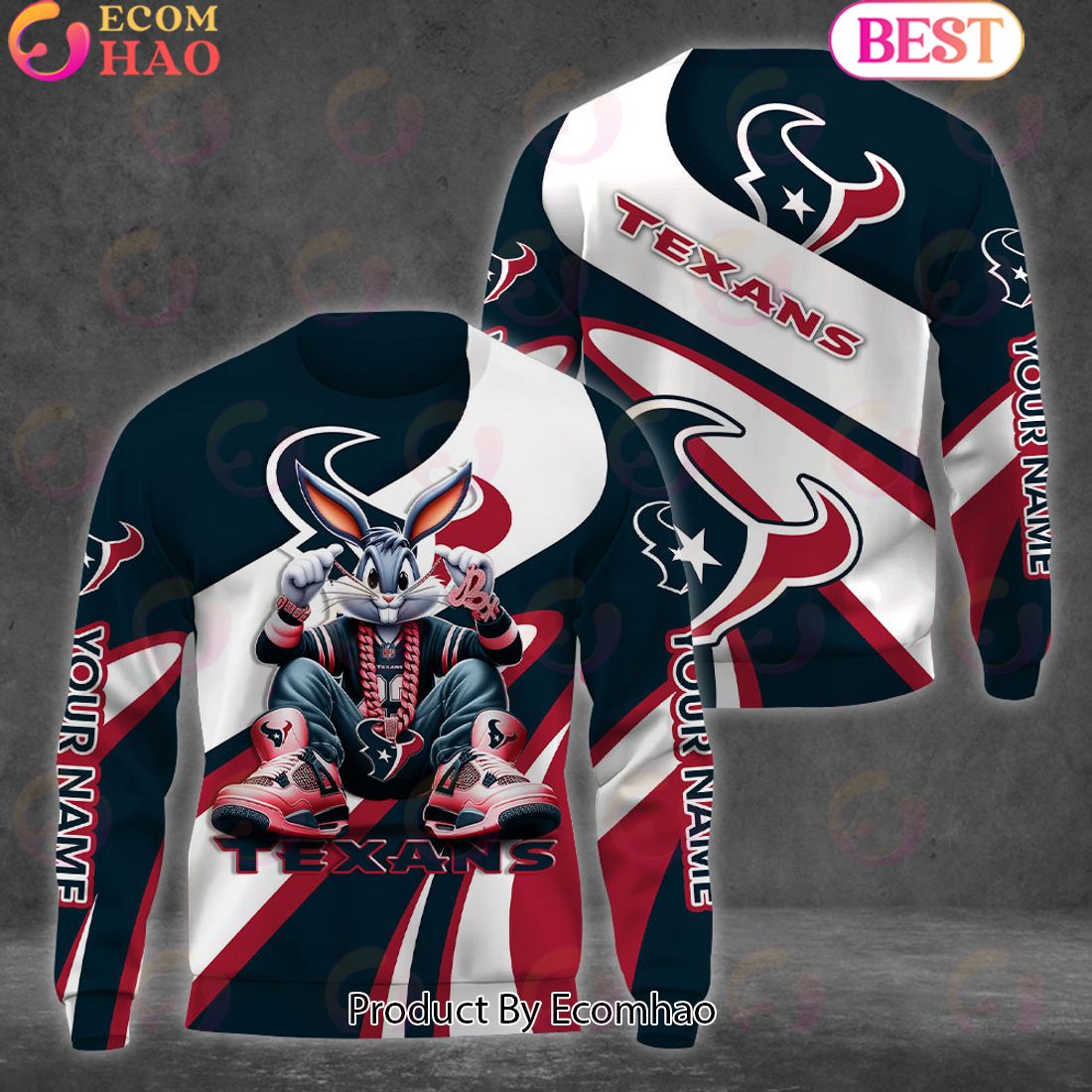 Custom Name NFL Houston Texans Bugs Bunny Sport Clothing 3D Hoodie