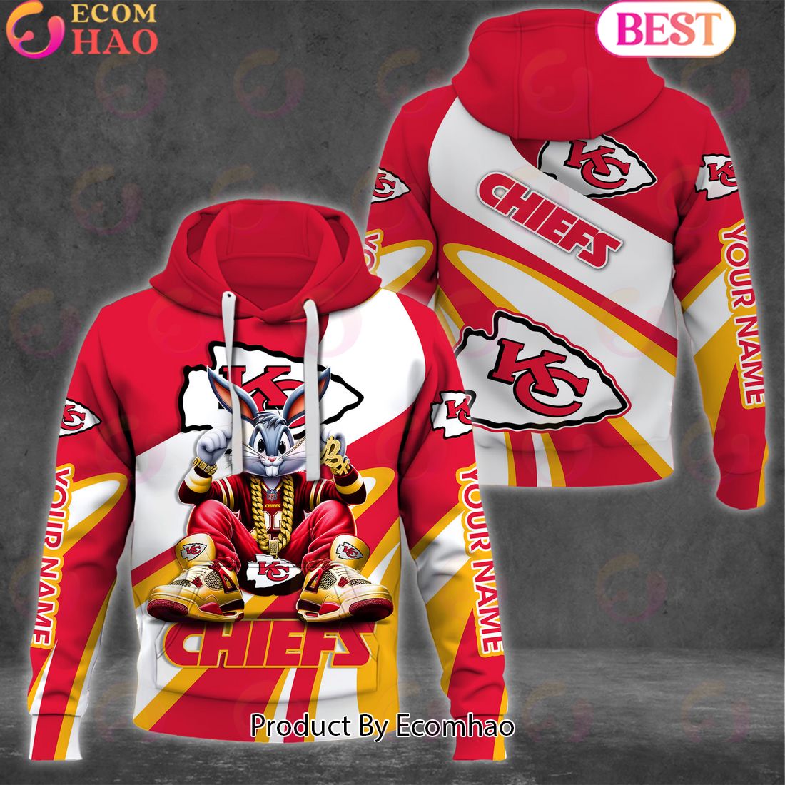 Custom Name NFL Kansas City Chiefs Bugs Bunny Sport Clothing 3D Hoodie