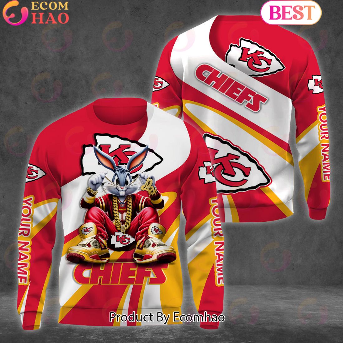 Custom Name NFL Kansas City Chiefs Bugs Bunny Sport Clothing 3D Hoodie