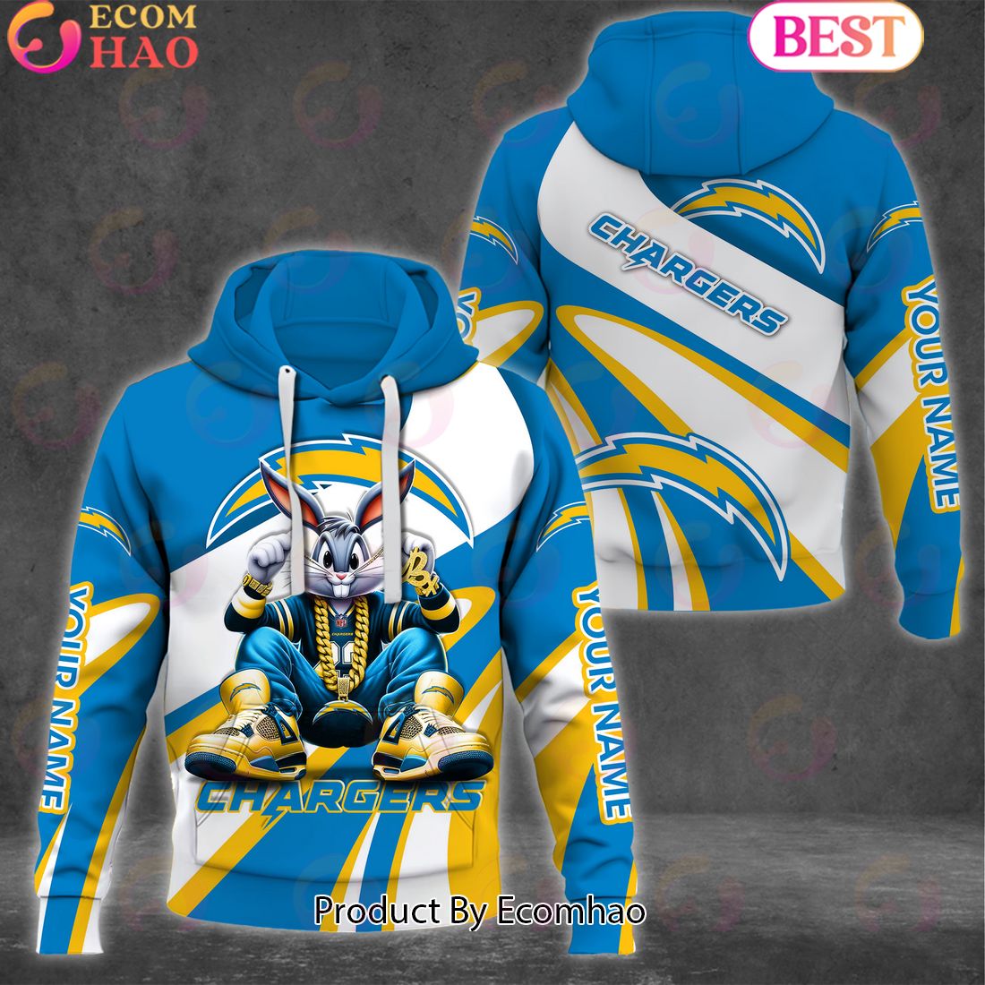 Custom Name NFL Los Angeles Chargers Bugs Bunny Sport Clothing 3D Hoodie