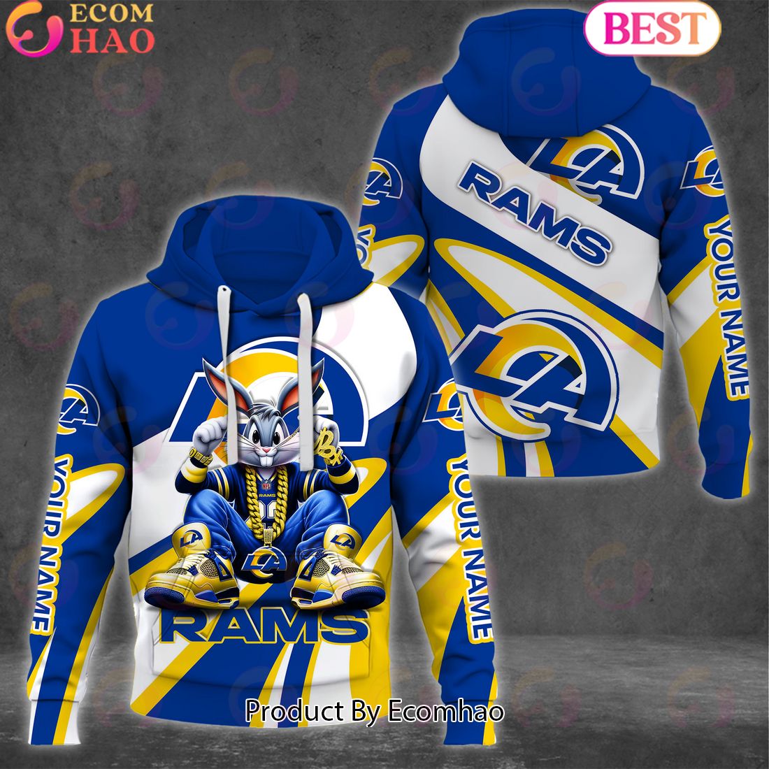 Custom Name NFL Los Angeles Rams Bugs Bunny Sport Clothing 3D Hoodie