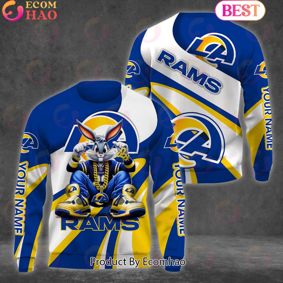 Custom Name NFL Los Angeles Rams Bugs Bunny Sport Clothing 3D Hoodie