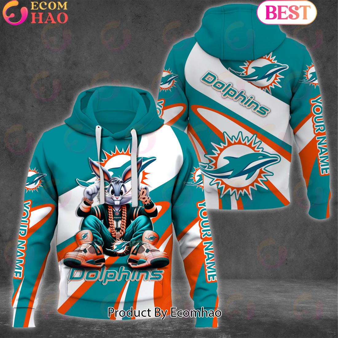 Custom Name NFL Miami Dolphins Bugs Bunny Sport Clothing 3D Hoodie