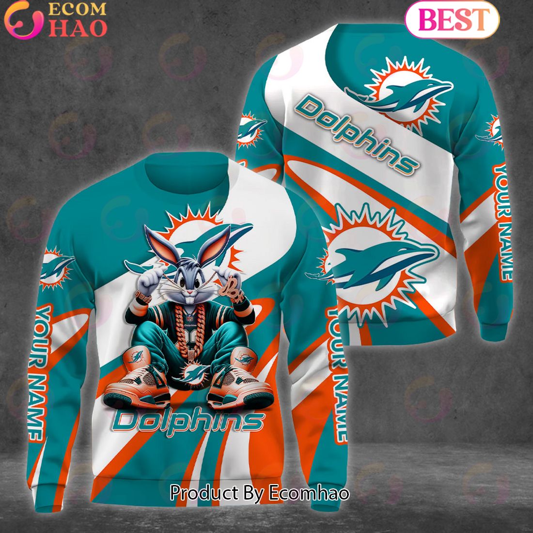 Custom Name NFL Miami Dolphins Bugs Bunny Sport Clothing 3D Hoodie