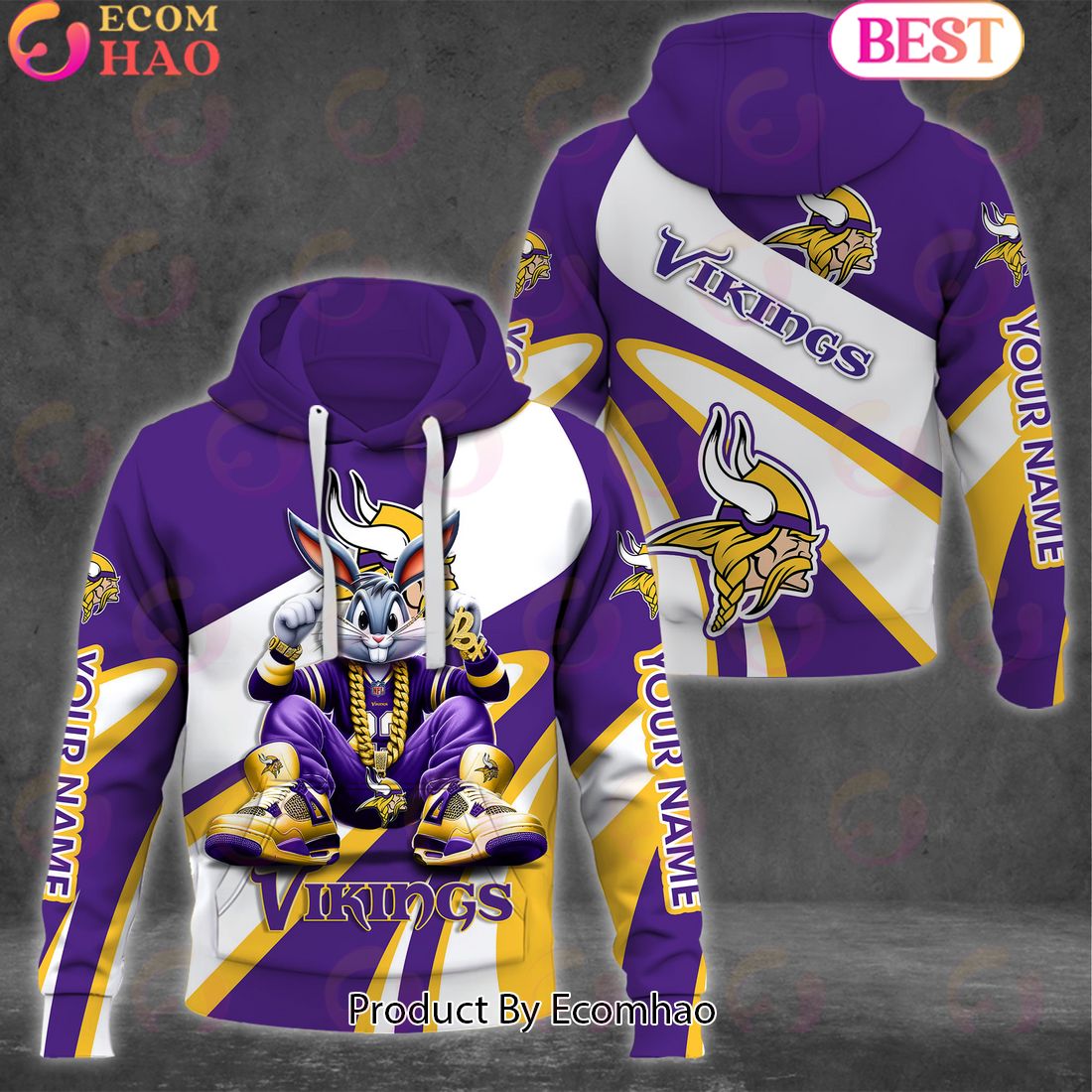 Custom Name NFL Minnesota Vikings Bugs Bunny Sport Clothing 3D Hoodie