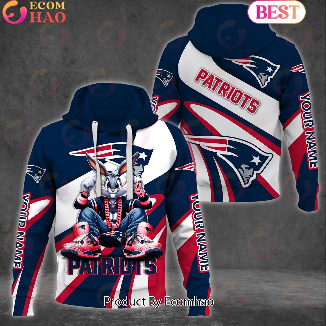 Custom Name NFL New England Patriots Bugs Bunny Sport Clothing 3D Hoodie