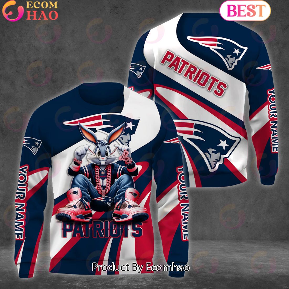 Custom Name NFL New England Patriots Bugs Bunny Sport Clothing 3D Hoodie