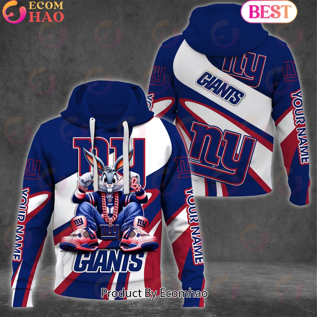 Custom Name NFL New York Giants Bugs Bunny Sport Clothing 3D Hoodie