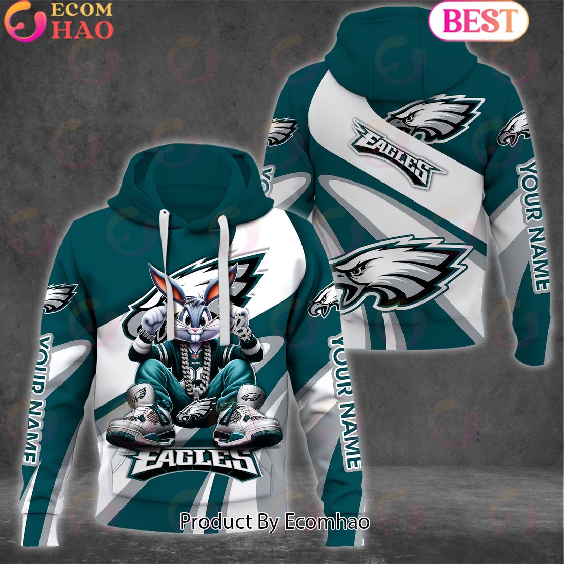 Custom Name NFL Philadelphia Eagles Bugs Bunny Sport Clothing 3D Hoodie