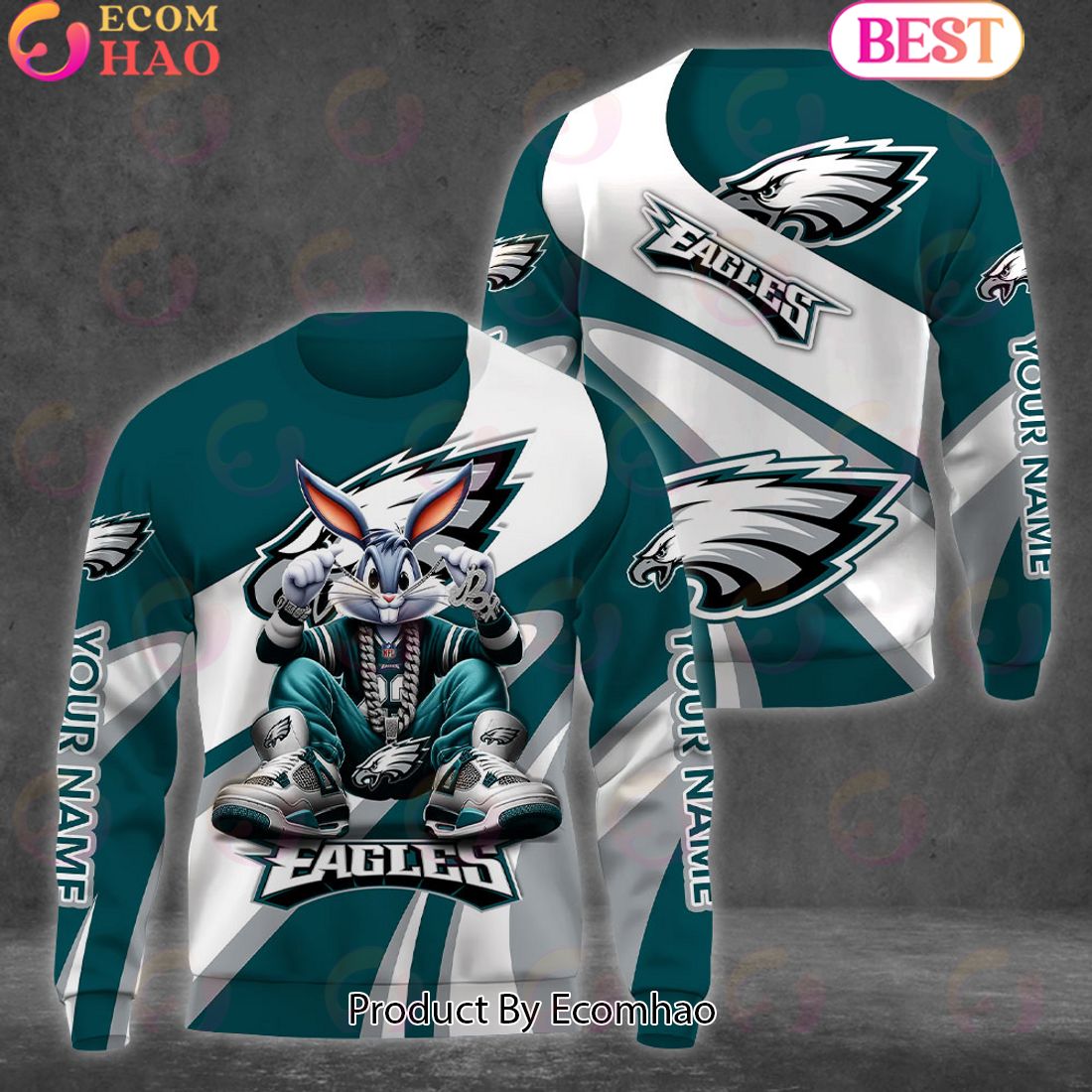 Custom Name NFL Philadelphia Eagles Bugs Bunny Sport Clothing 3D Hoodie