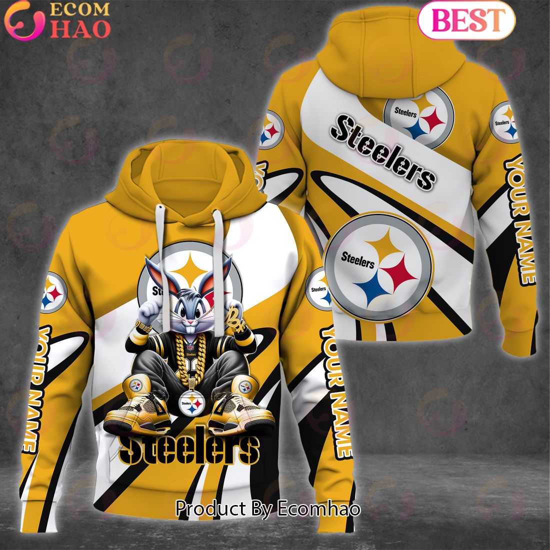 Custom Name NFL Pittsburgh Steelers Bugs Bunny Sport Clothing 3D Hoodie