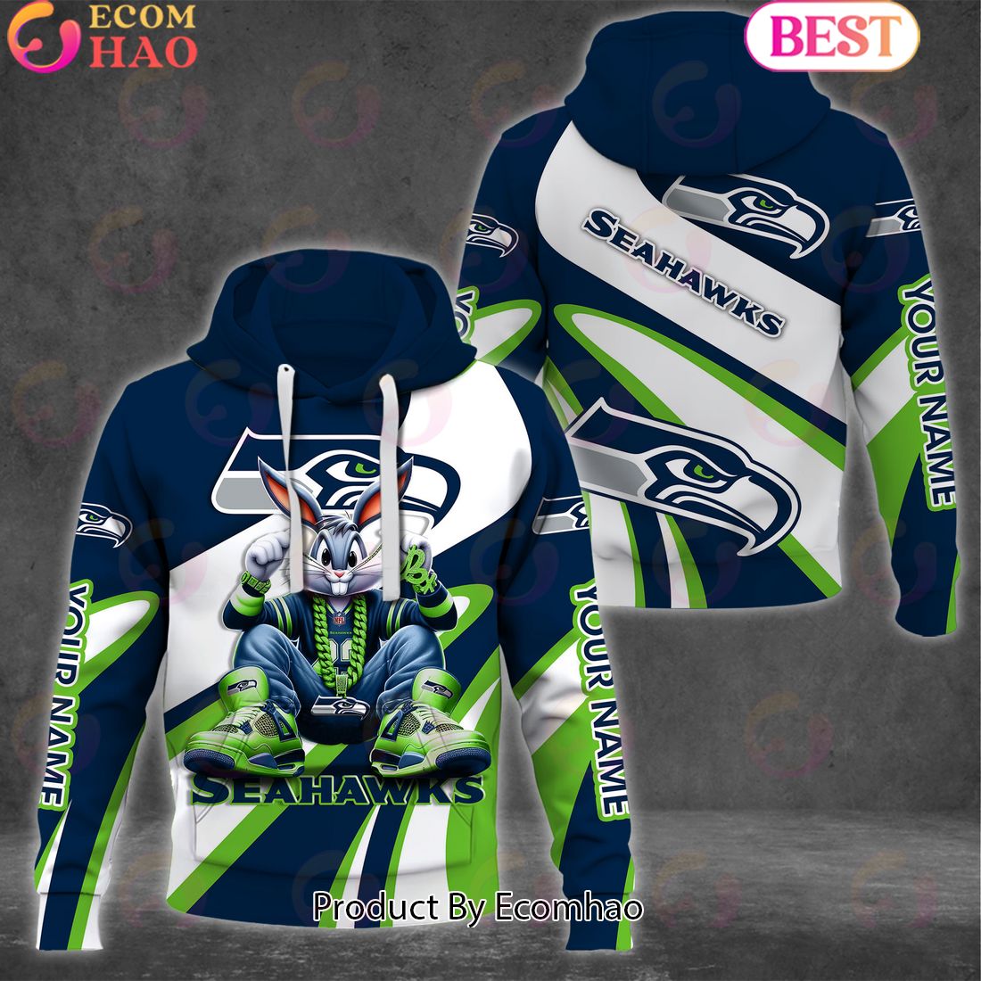 Custom Name NFL Seattle Seahawks Bugs Bunny Sport Clothing 3D Hoodie