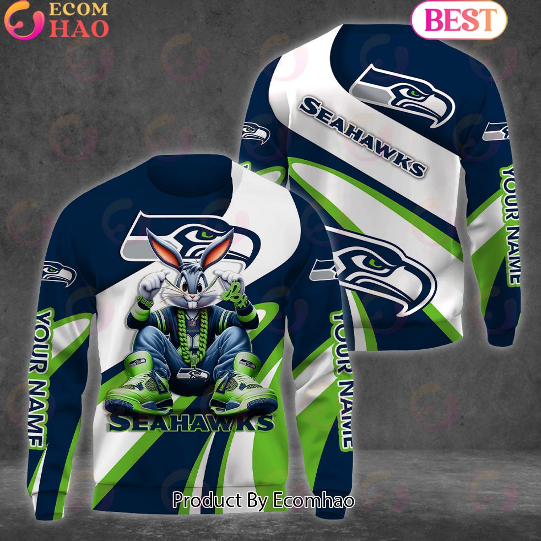 Custom Name NFL Seattle Seahawks Bugs Bunny Sport Clothing 3D Hoodie