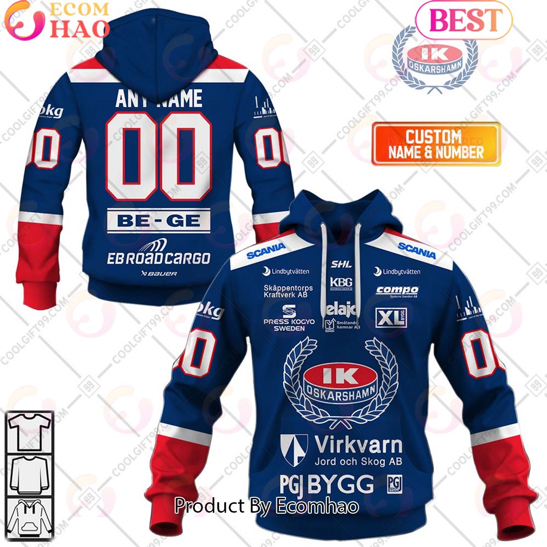 Custom Name And Number SHL IK Oskarshamn Home Jersey Style 3D Hoodie