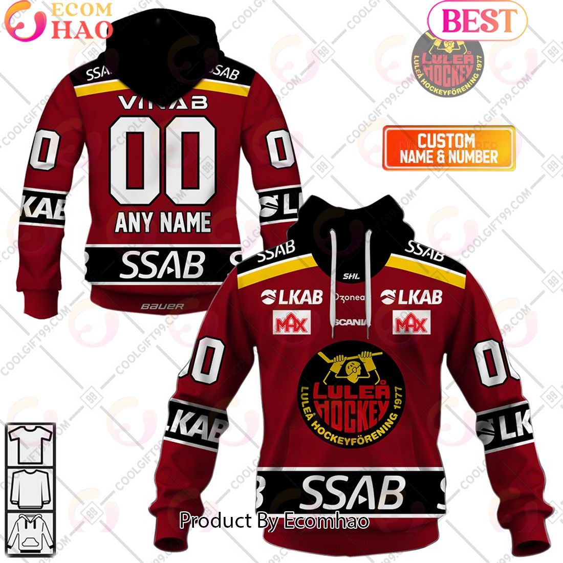 Custom Name And Number SHL Lulea HF Home Jersey Style 3D Hoodie