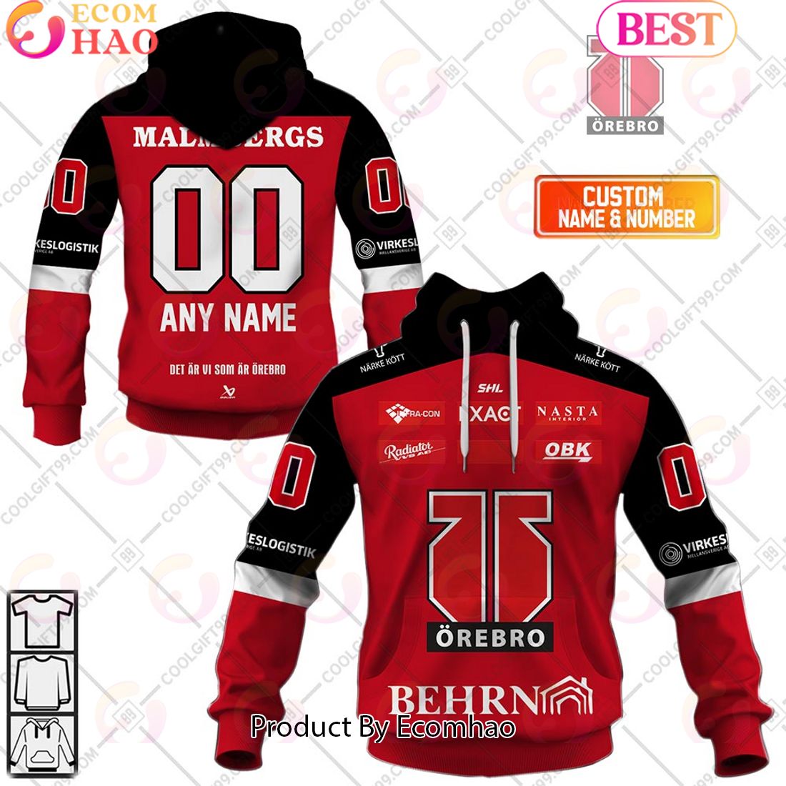 Custom Name And Number SHL Orebro HK Home Jersey Style 3D Hoodie