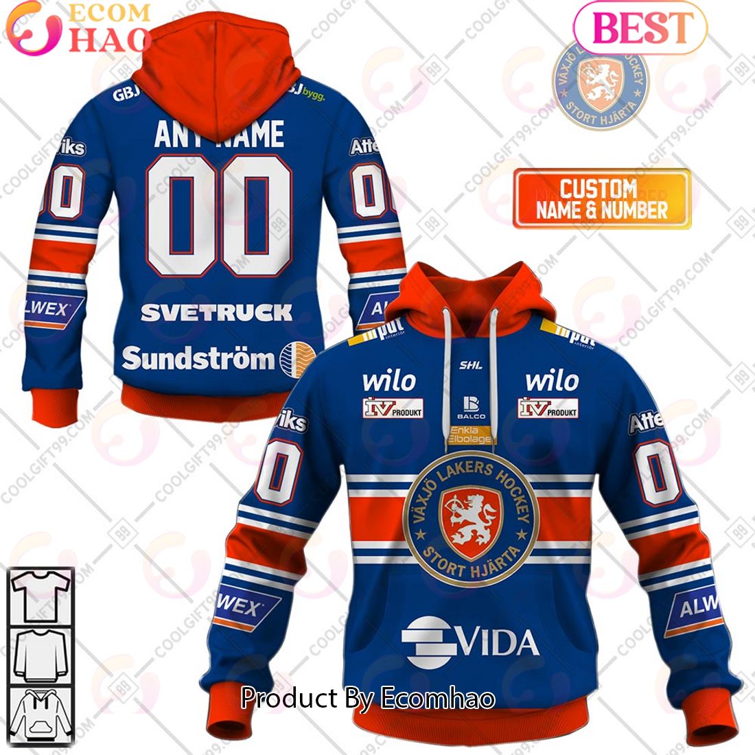 Custom Name And Number SHL Vaxjo Lakers Home Jersey Style 3D Hoodie