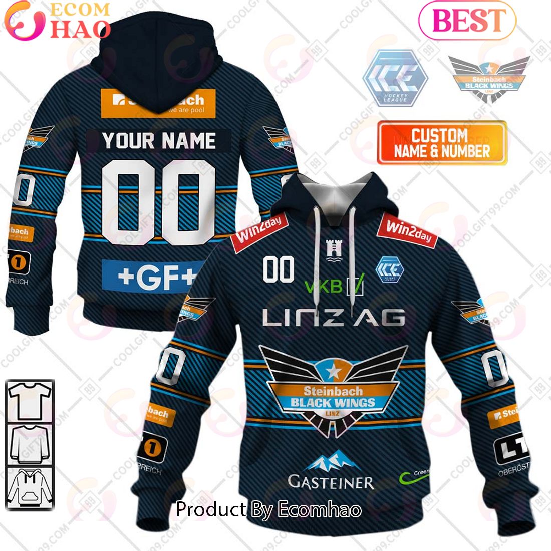 ICEHL Steinbach Black Wings Linz Home Jersey Style 3D Hoodie