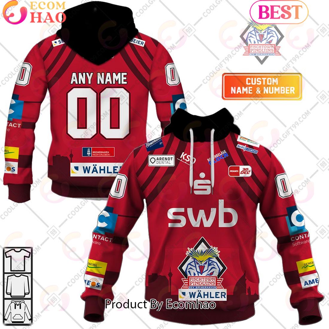 Deutsche Eishockey Liga Fischtown Pinguins Home Jersey Style 3D Hoodie