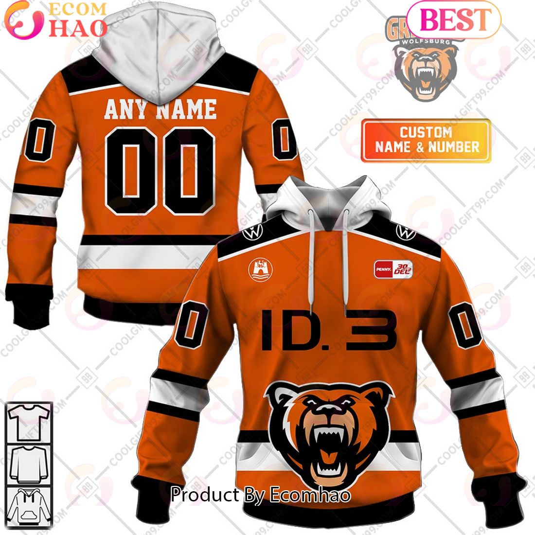 Deutsche Eishockey Liga Grizzlys Wolfsburg Home Jersey Style 3D Hoodie