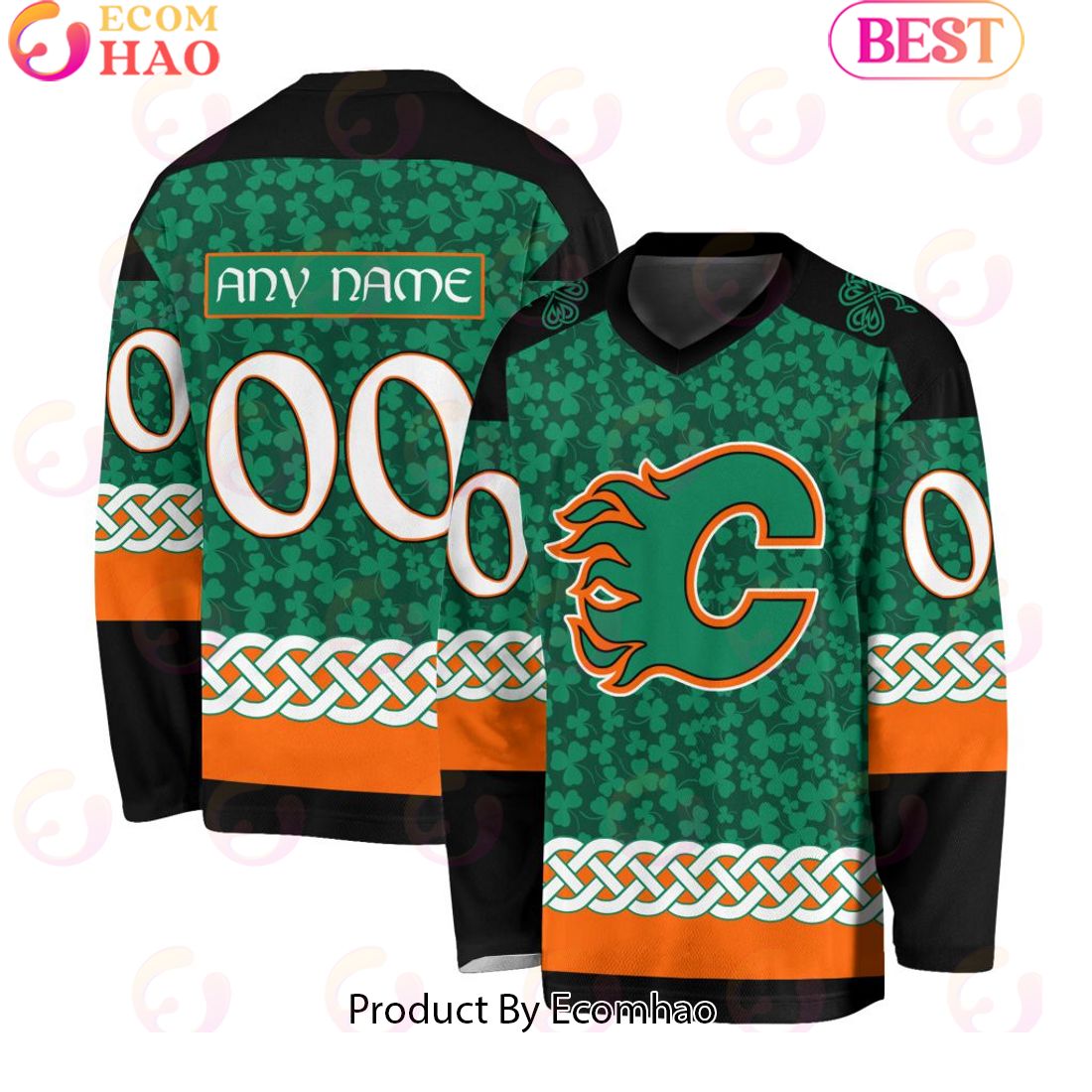 NHL Calgary Flames Special St.Patrick’s Day Design Vneck Long Sleeve Shirt