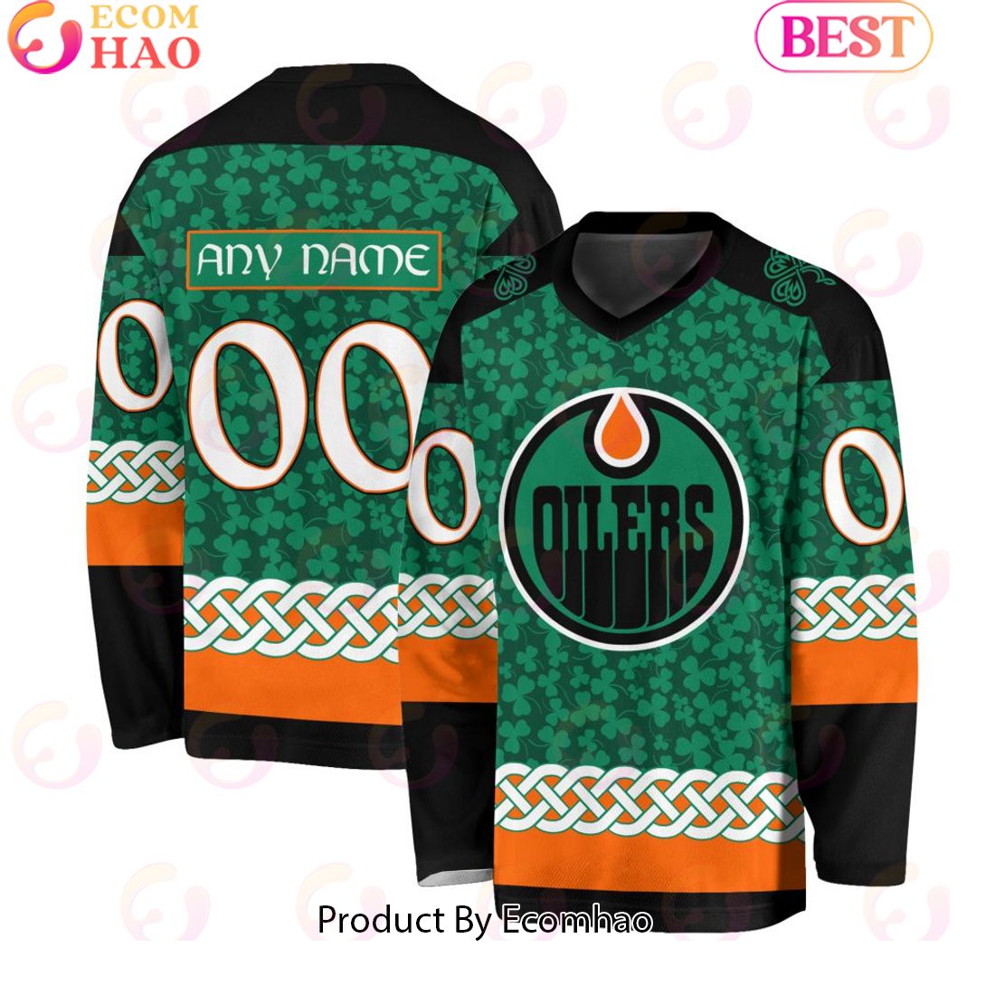 NHL Edmonton Oilers Special St.Patrick’s Day Design Vneck Long Sleeve Shirt