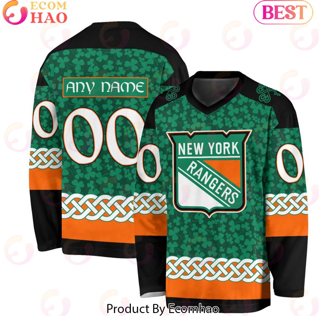 NHL New York Rangers Special St.Patrick’s Day Design Vneck Long Sleeve Shirt